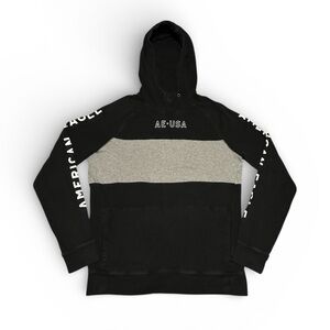 American Eagle Men’s Medium Colorblock Graphic Hoodie Black Grey Streetwear